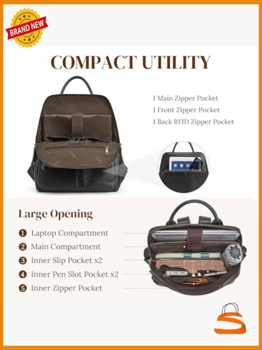 Leather Anti-theft RFID Travel Backpack for Work, Laptop Compatible, Adjustable